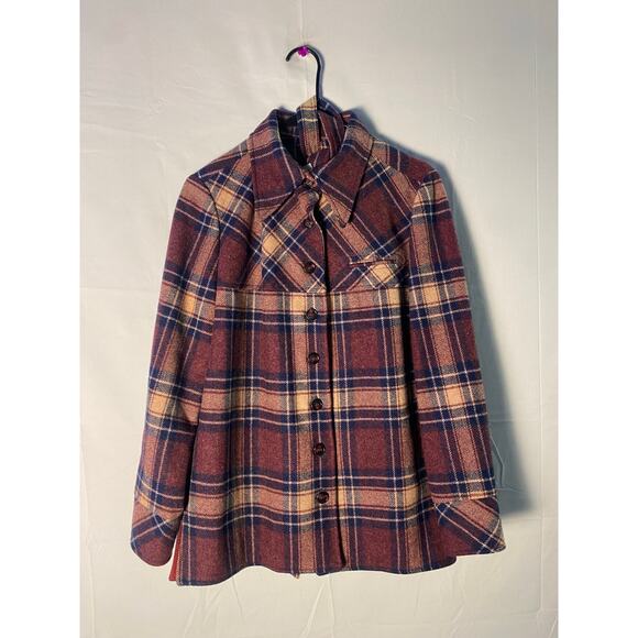 Vintage Burgundy Navy Cream Plaid Button Up Peacoat Jacket Women's Medium - Picture 1 of 2
